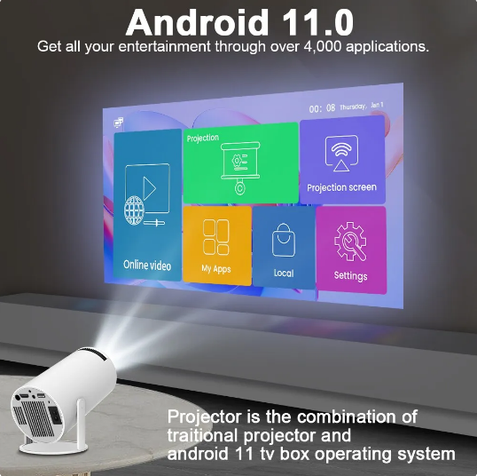 Projetor Hy300 4K Android 11, Wifi6 duplo, 200 ANSI, Allwinner H713, BT5.0, 1080P, 1280x720P - LOJA COMPANY FOX
